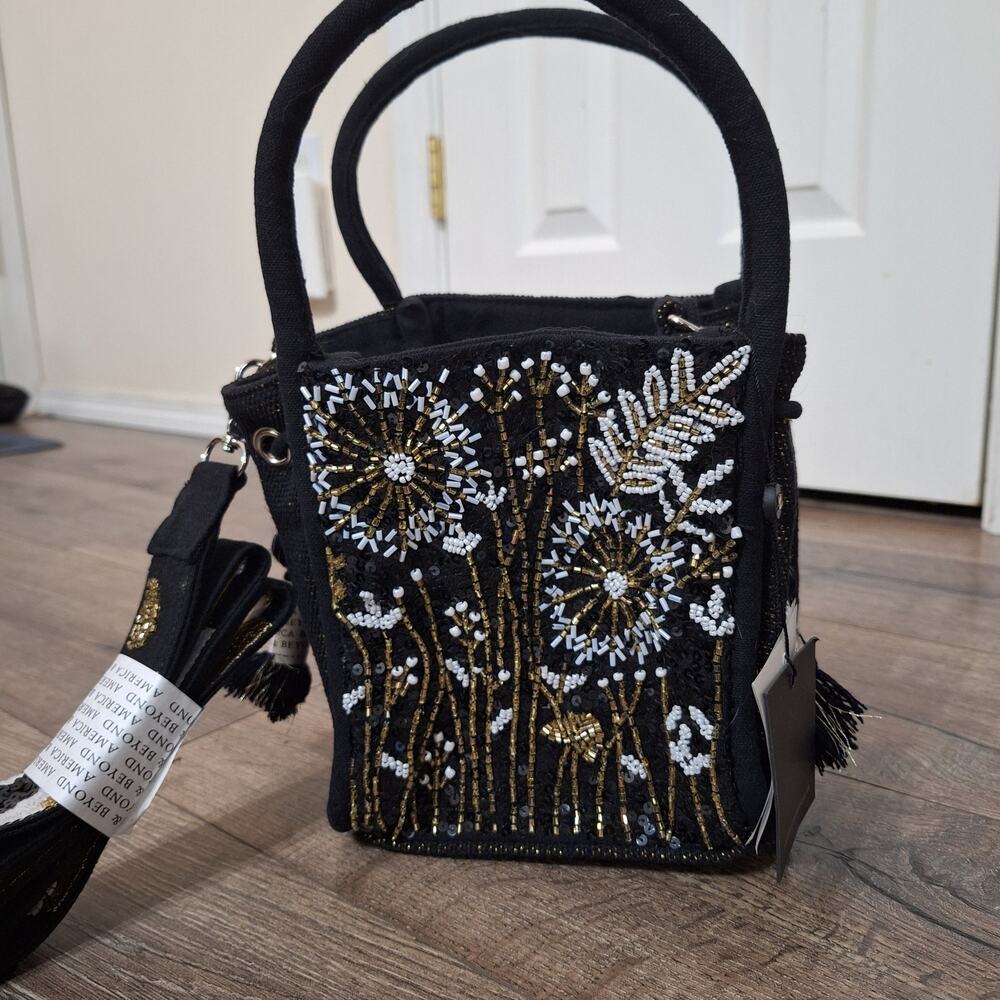 New America & Beyond flower embroidered beaded small black tote crossbody purse